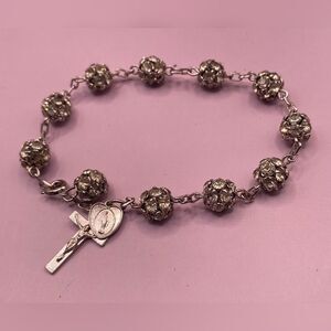 Rosary Bracelet Sterling Crucifix Crystal Beads Catholic Miraculous Medal 7”